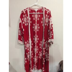 Gorgeous red long sleeve open duster w/star embroidery detailing size Large